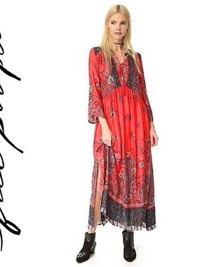 Free People Red Paisley Border Maxi Dress